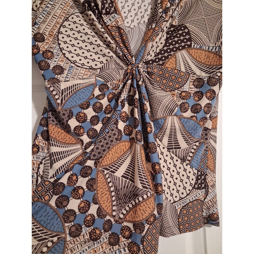 Y2K Geometric Print Knot Front Top M Brown Blue Collared Boho Stretch Blouse - Picture 3 of 9